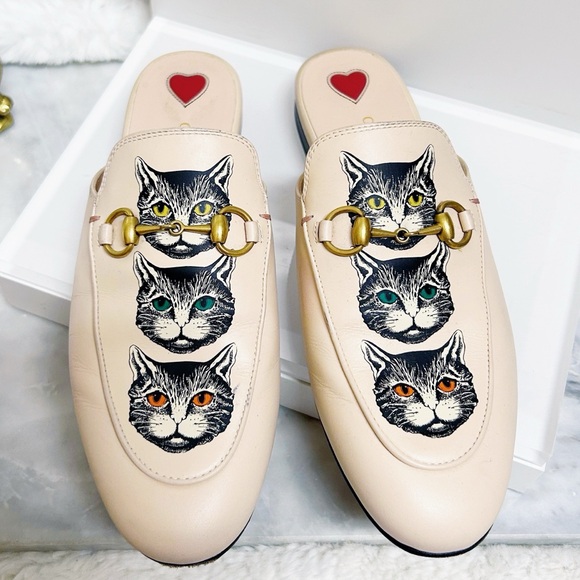 Gucci Shoes - Authentic Gucci Cream / Pink Cat Embroidered Horsebit Leather Princetown Mules